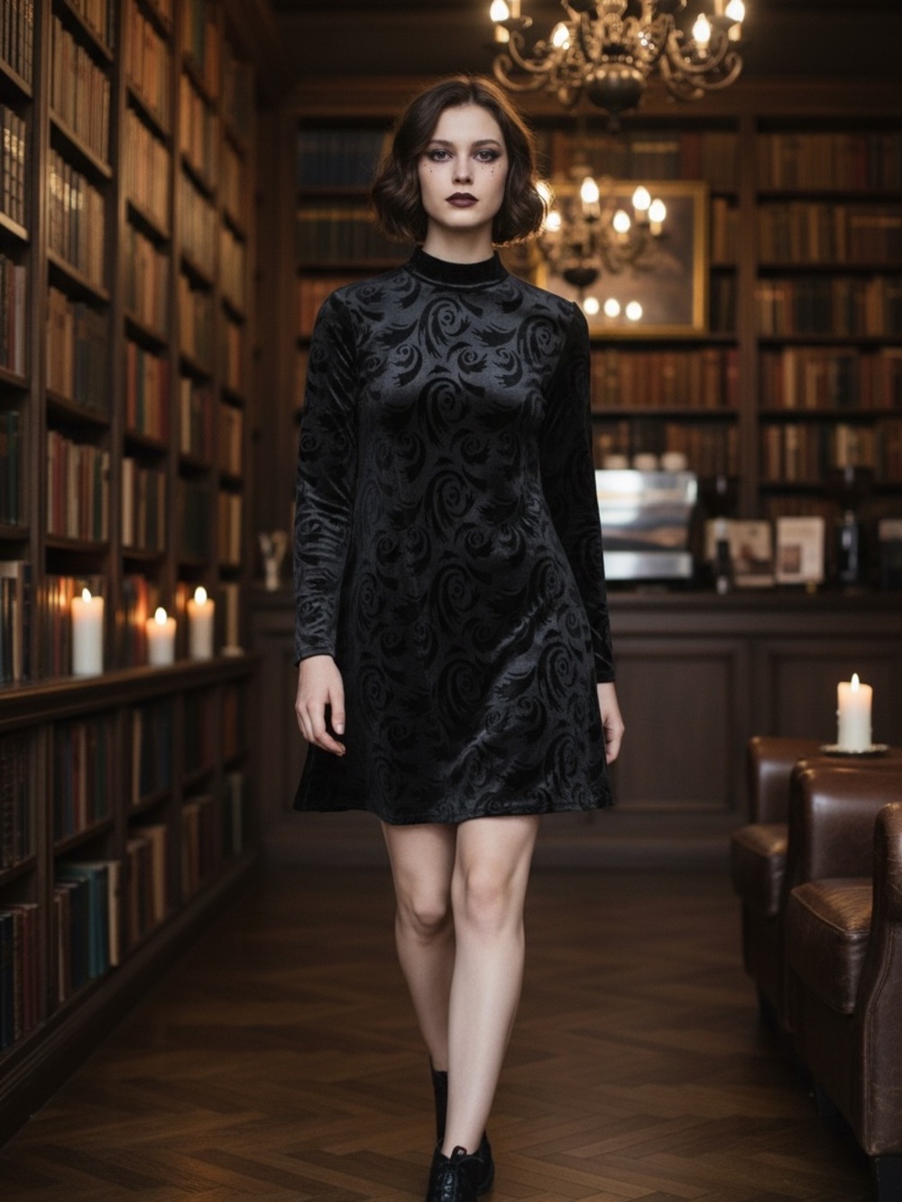Vintage 90s Jalate Velvet Burnout Mock Neck Mini Dress M Black Swirl Whimsigoth